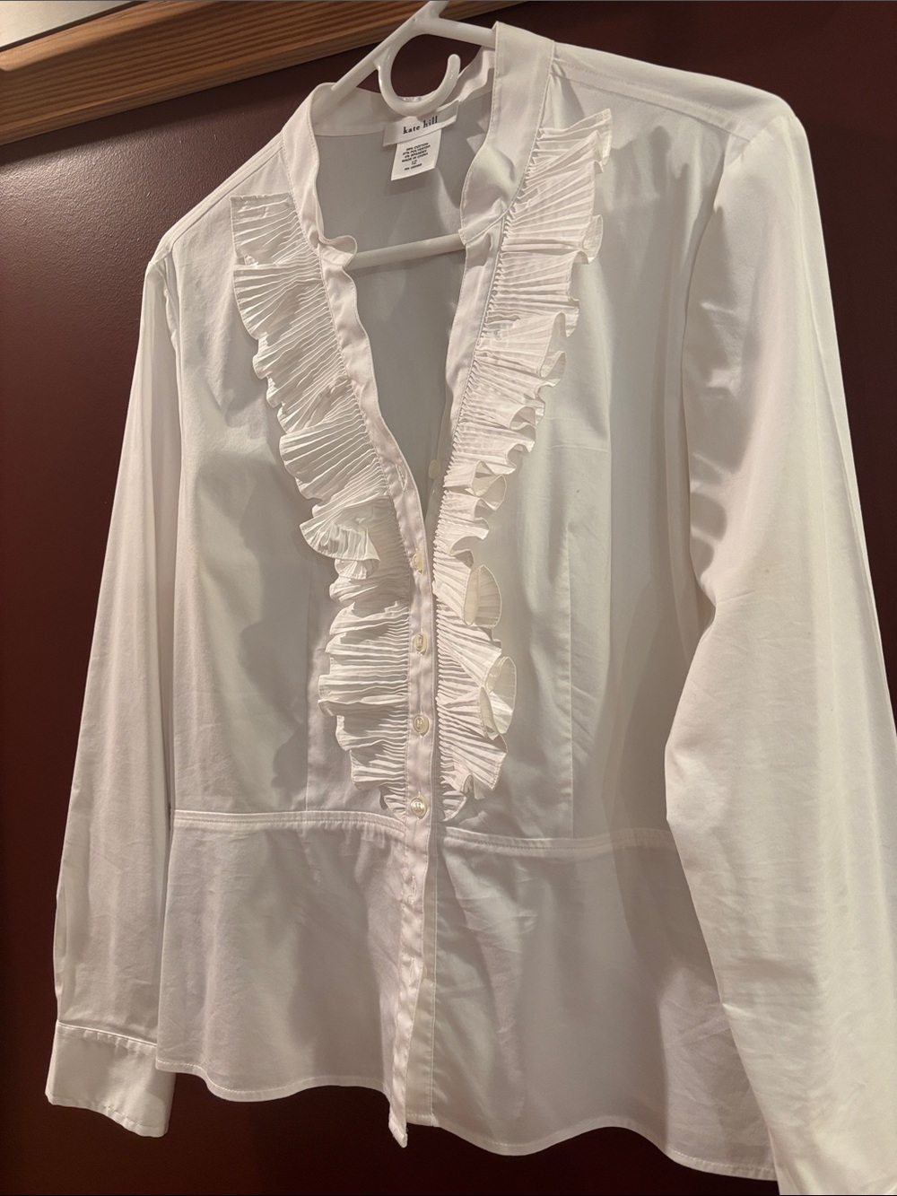 Kate Hill White Ruffled Front Blouse Sz12